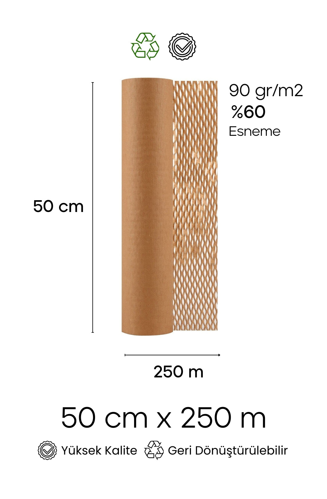 Petek Dolgu Kraft Ambalaj Kağıdı 50 cm x 250 m - 90gr - Kraft - %60 Esneme ve Koruyucu Dolgu Kağıdı