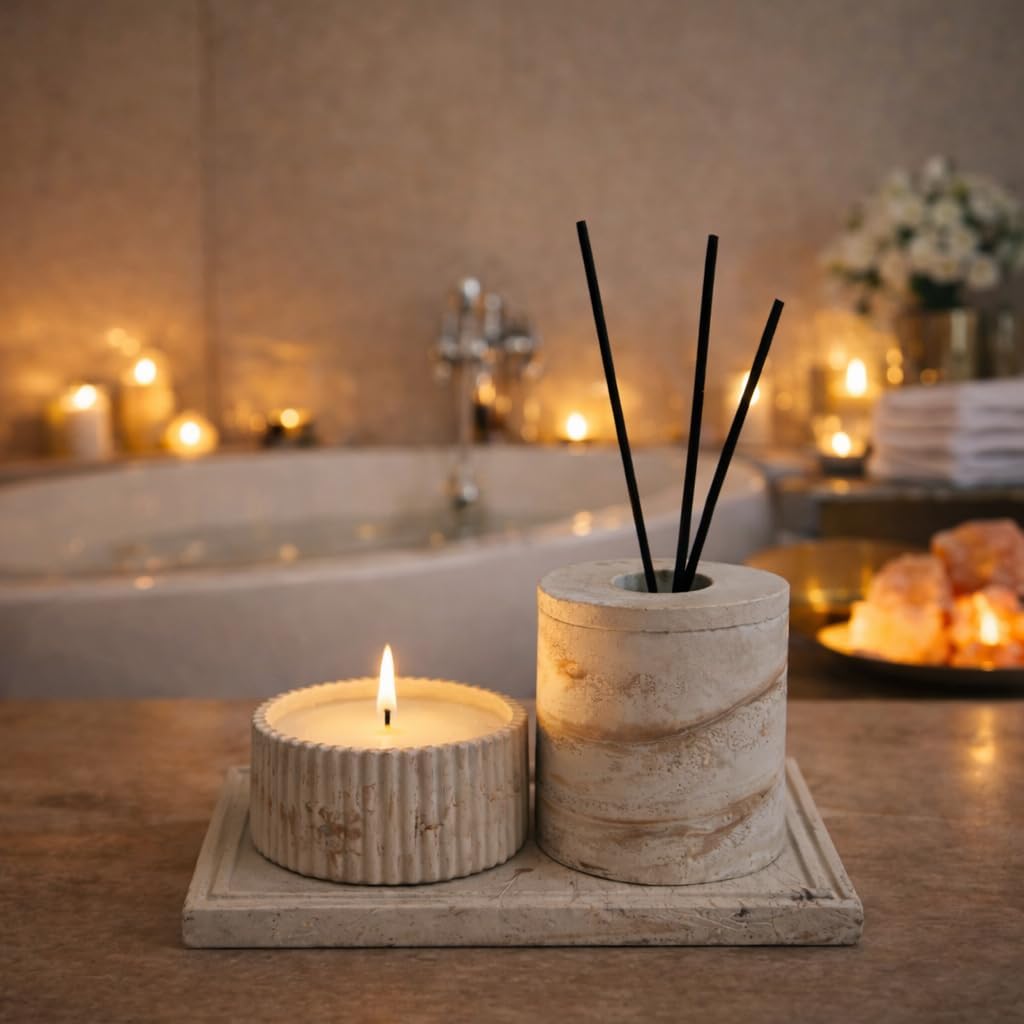 Beton Banyo Seti, Mum, Difüzör Oda Kokusu Kabı ve Dekoratif Tepsi, Banyo Dekoru
