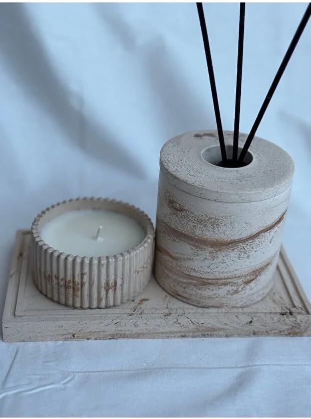 Beton Banyo Seti, Mum, Difüzör Oda Kokusu Kabı ve Dekoratif Tepsi, Banyo Dekoru