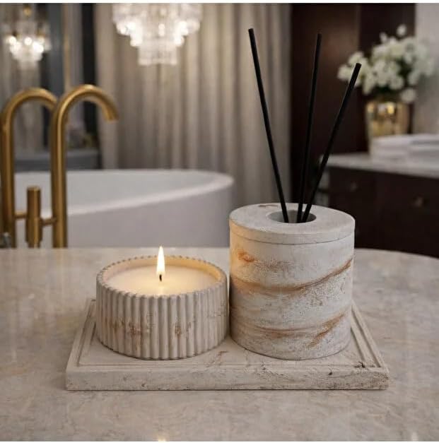 Beton Banyo Seti, Mum, Difüzör Oda Kokusu Kabı ve Dekoratif Tepsi, Banyo Dekoru