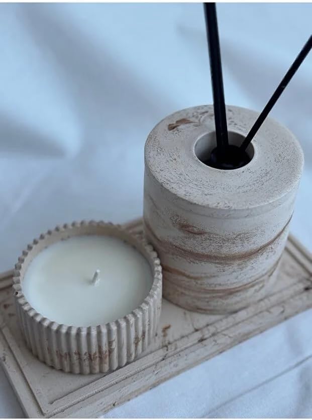 Beton Banyo Seti, Mum, Difüzör Oda Kokusu Kabı ve Dekoratif Tepsi, Banyo Dekoru