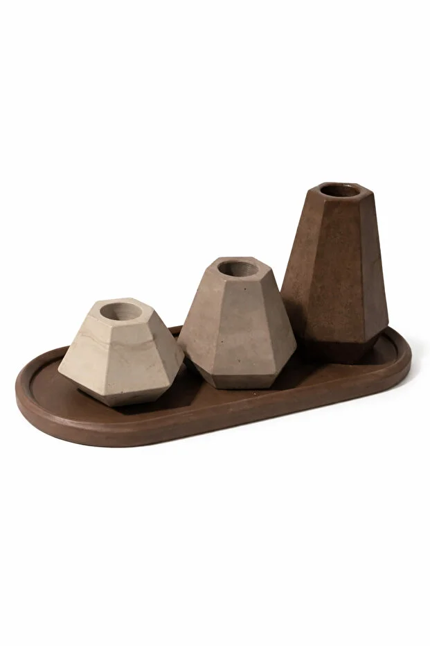 Geometrik Dekoratif Mumluk Seti, ŞAMDAN, 3’lü Tepsi Üzerinde El Yapımı Beton Kahve Tonları