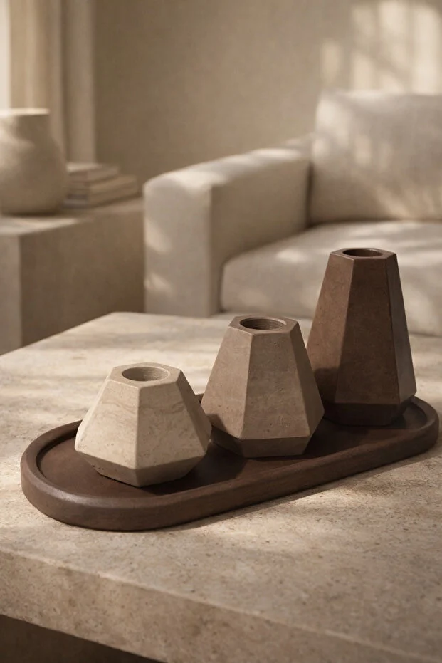 Geometrik Dekoratif Mumluk Seti, ŞAMDAN, 3’lü Tepsi Üzerinde El Yapımı Beton Kahve Tonları