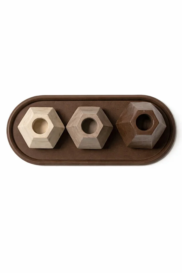 Geometrik Dekoratif Mumluk Seti, ŞAMDAN, 3’lü Tepsi Üzerinde El Yapımı Beton Kahve Tonları