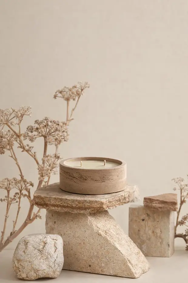 Traverten Kase Mum-El Yapımı Dekoratif Beton Mum-2 Fitilli, Kokulu Ev Dekoru