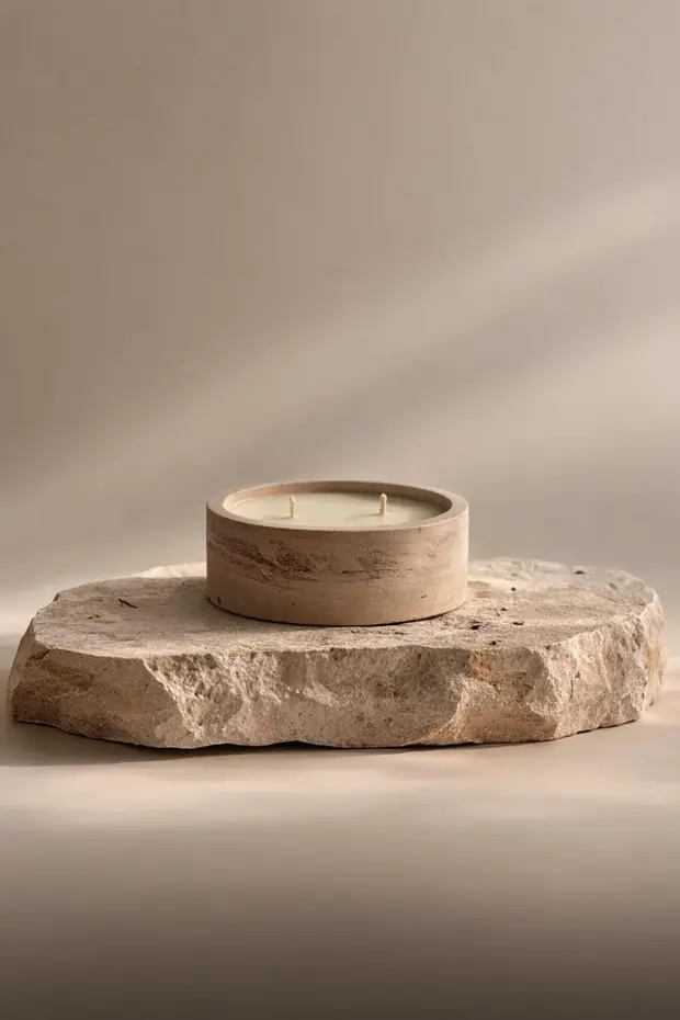 Traverten Kase Mum-El Yapımı Dekoratif Beton Mum-2 Fitilli, Kokulu Ev Dekoru